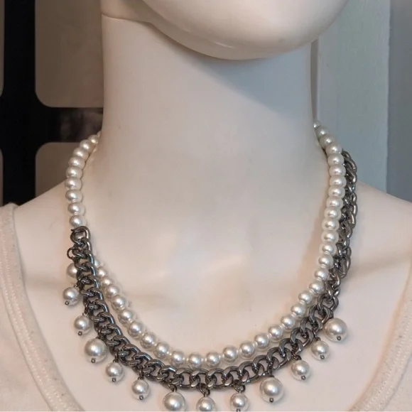 Edgy Pearl and Gunmetal Chain Fringe Sophisticated Bohemian Necklace